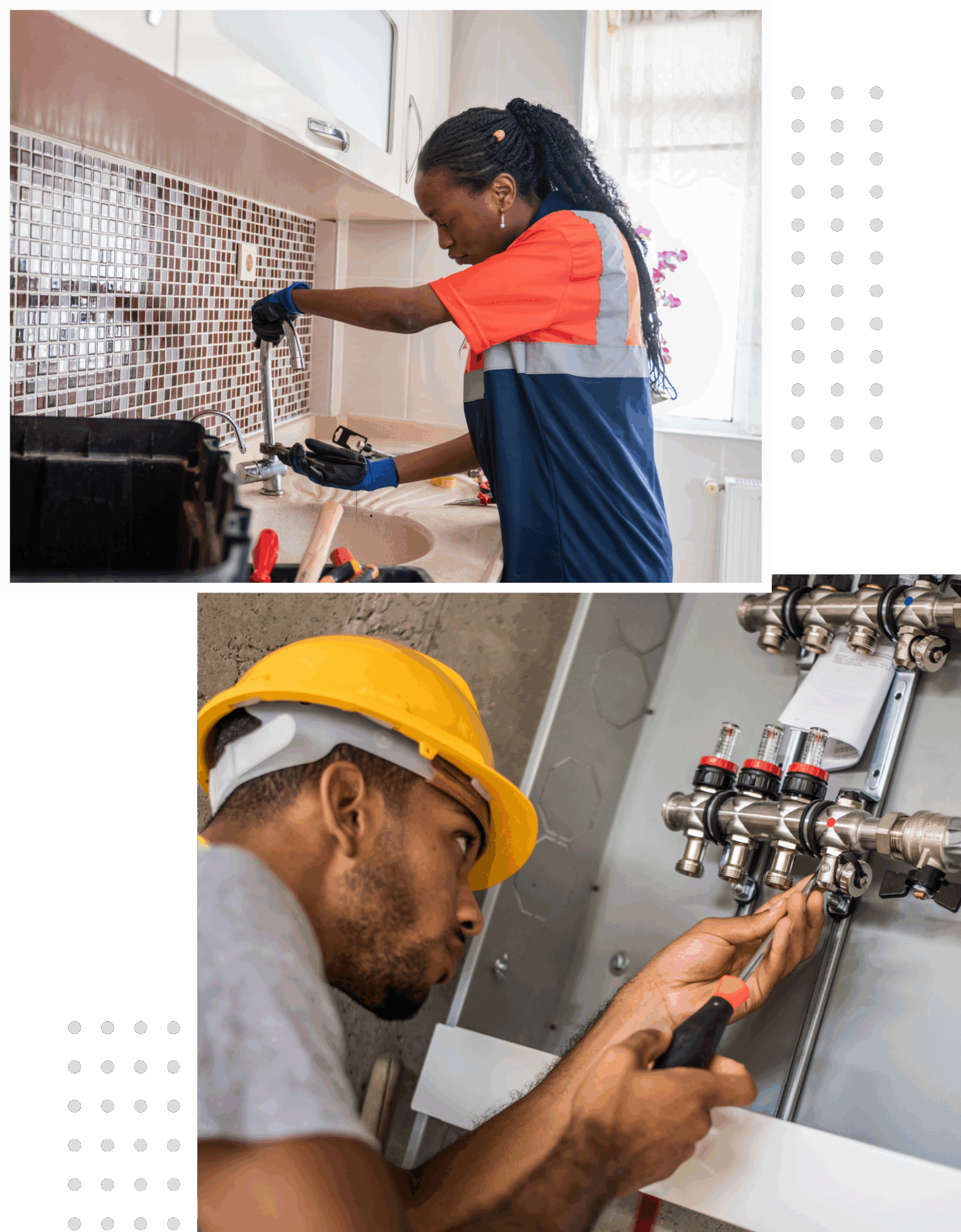 Two professionals working on household utilities and appliances.