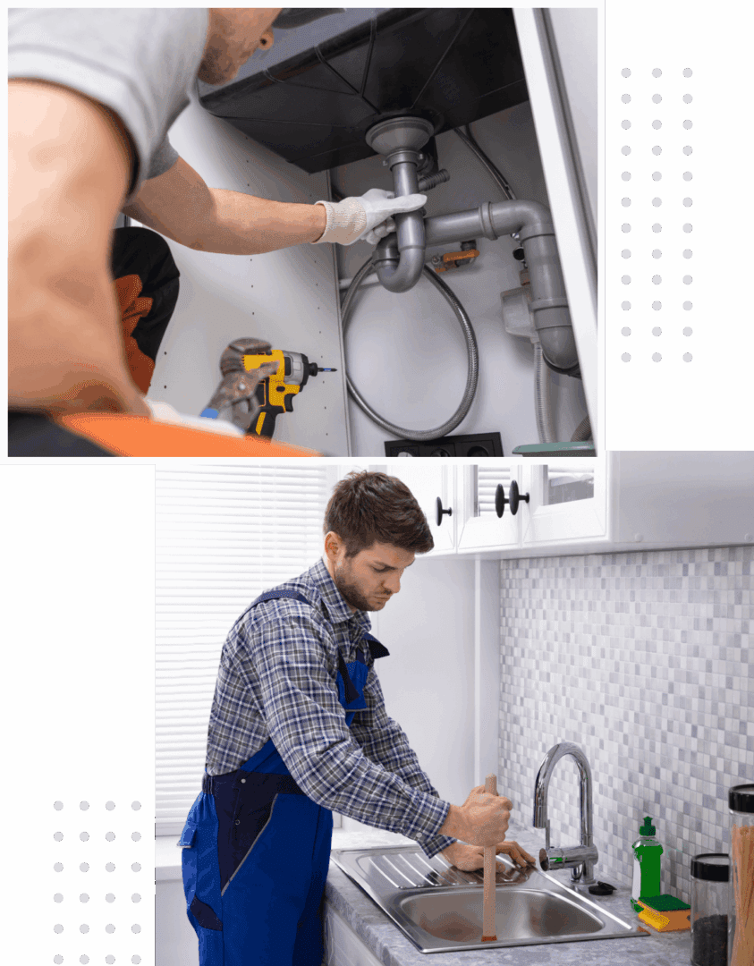Plumbers fixing pipes and unclogging kitchen sink.